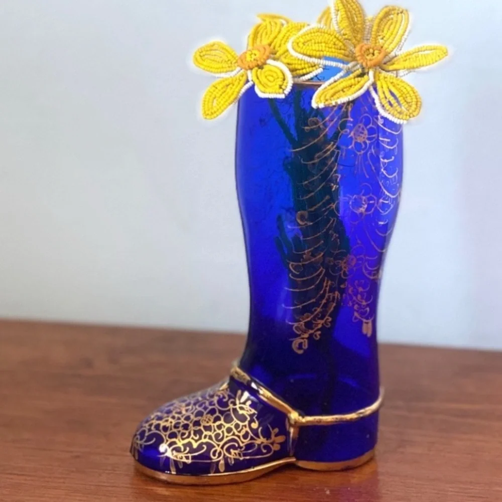 Vintage Vase Novelty Cobalt Blue Glass Boot with Gold Leaf Gilding Italy Cup